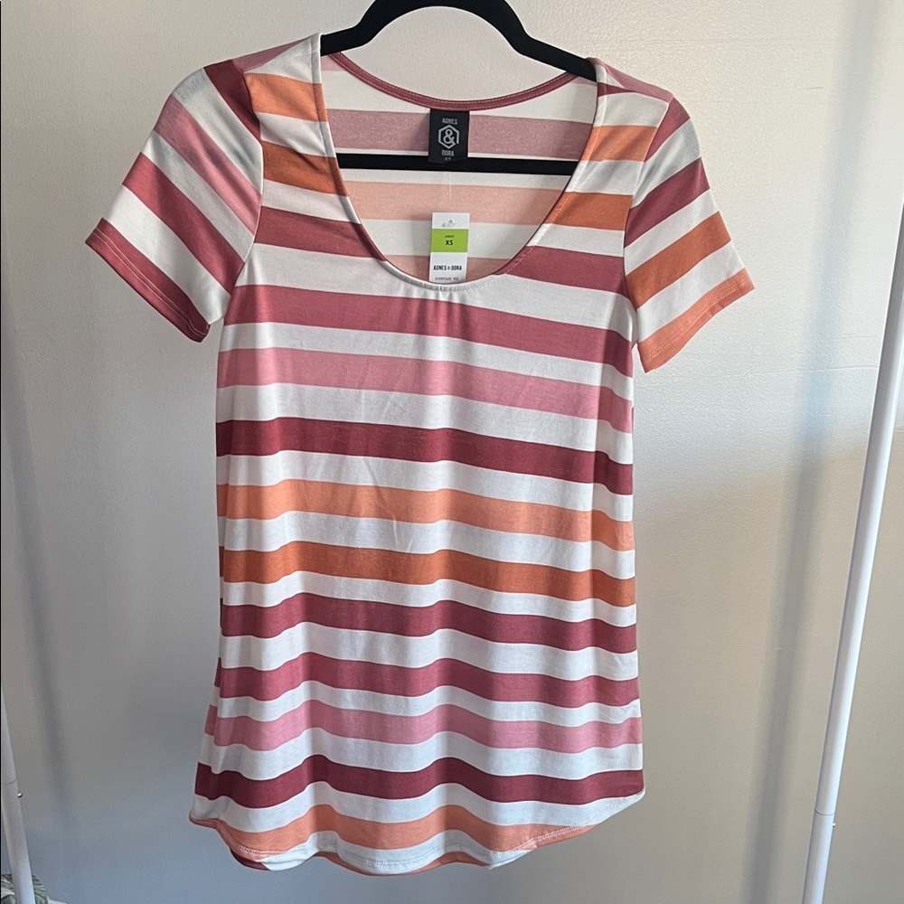 Agnes & Dora Pink and Orange Striped Short Sleeve Top